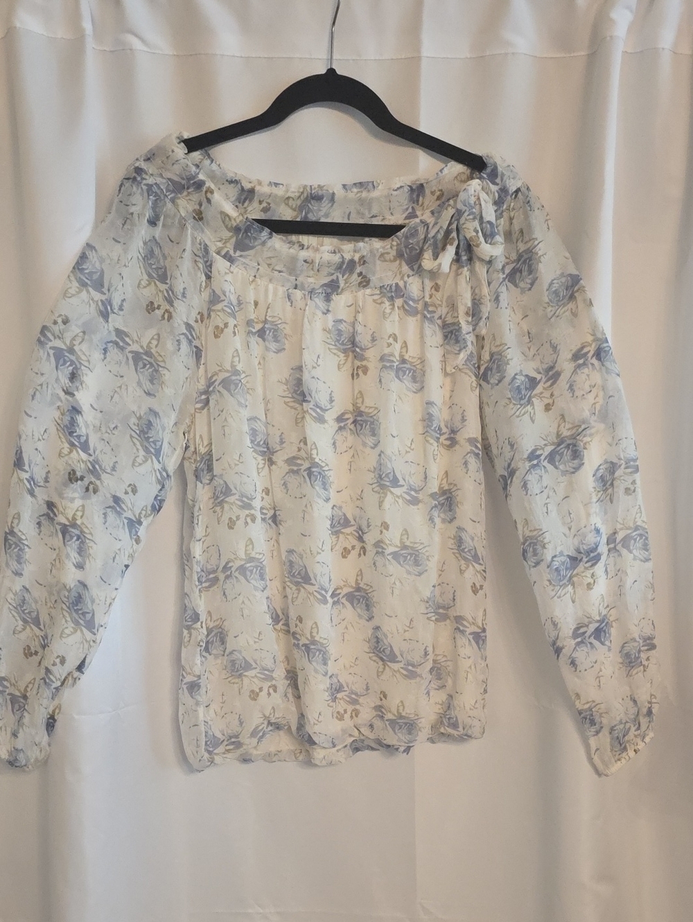 GIUSY Silk Made In Italy Light Blue Floral Off-Shoulder Blouse with Long Sleeves